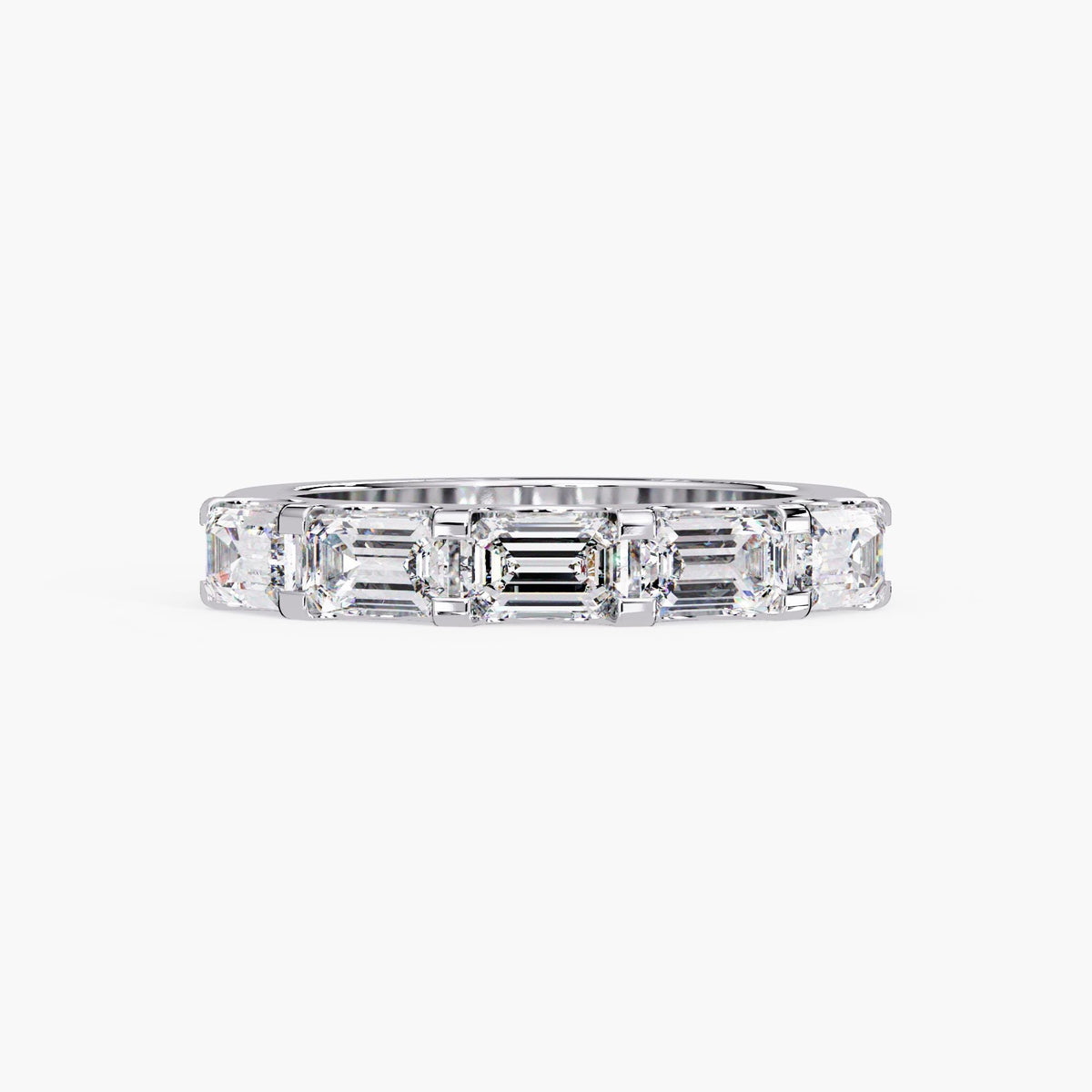 Five stone emerald cut lab diamond band in 14K white gold, 1.5 carat total weight, 3.5mm wide wedding or anniversary ring.