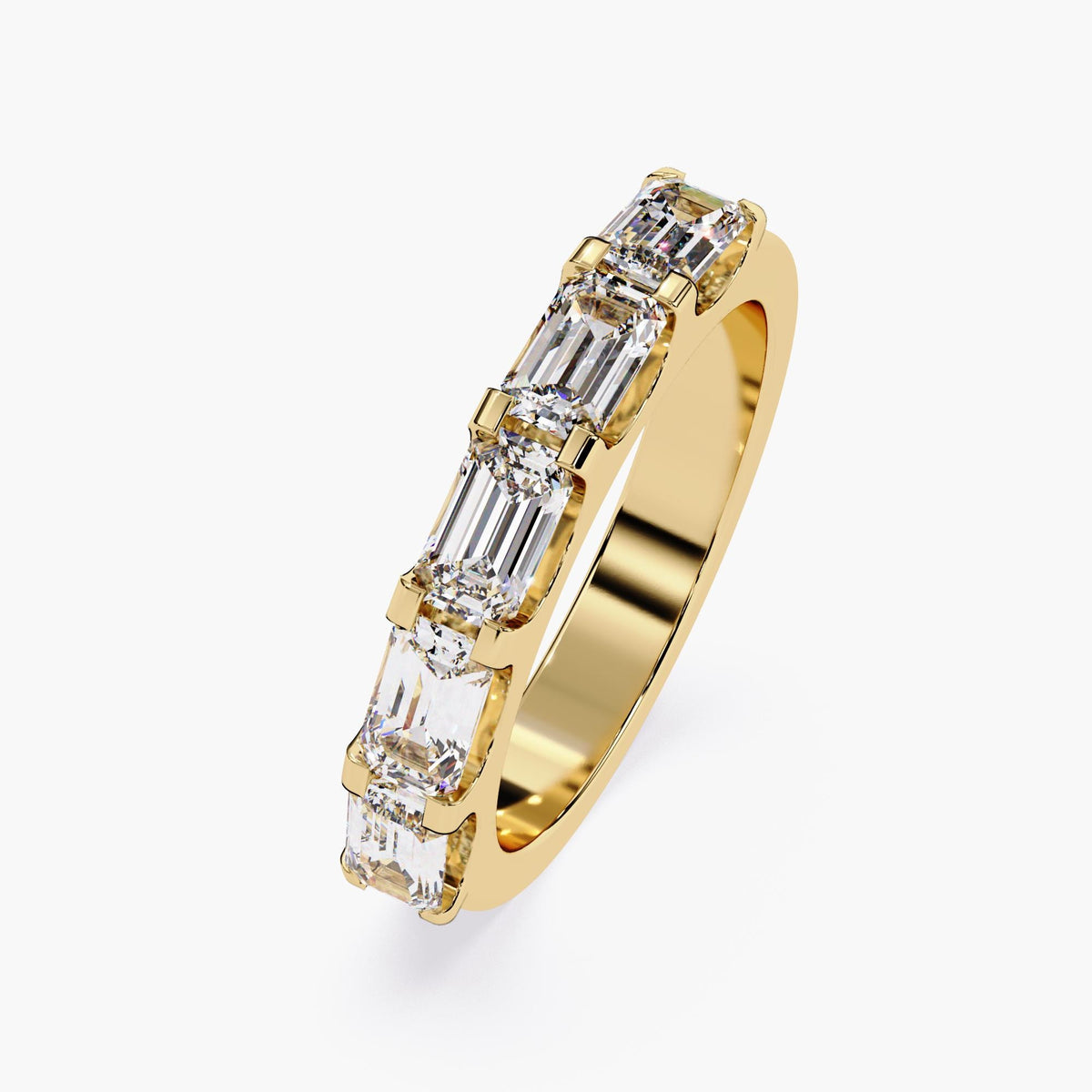 14K yellow gold emerald cut diamond band with five prong-set lab-grown diamonds, 1.5 CTW total, modern five-stone wedding or anniversary ring.