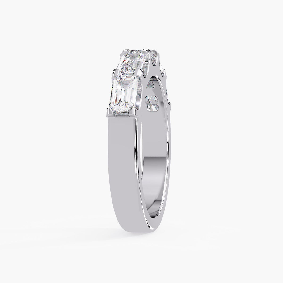 Five stone emerald cut lab diamond band in 14K white gold, 1.5 carat total weight, 3.5mm wide wedding or anniversary ring.