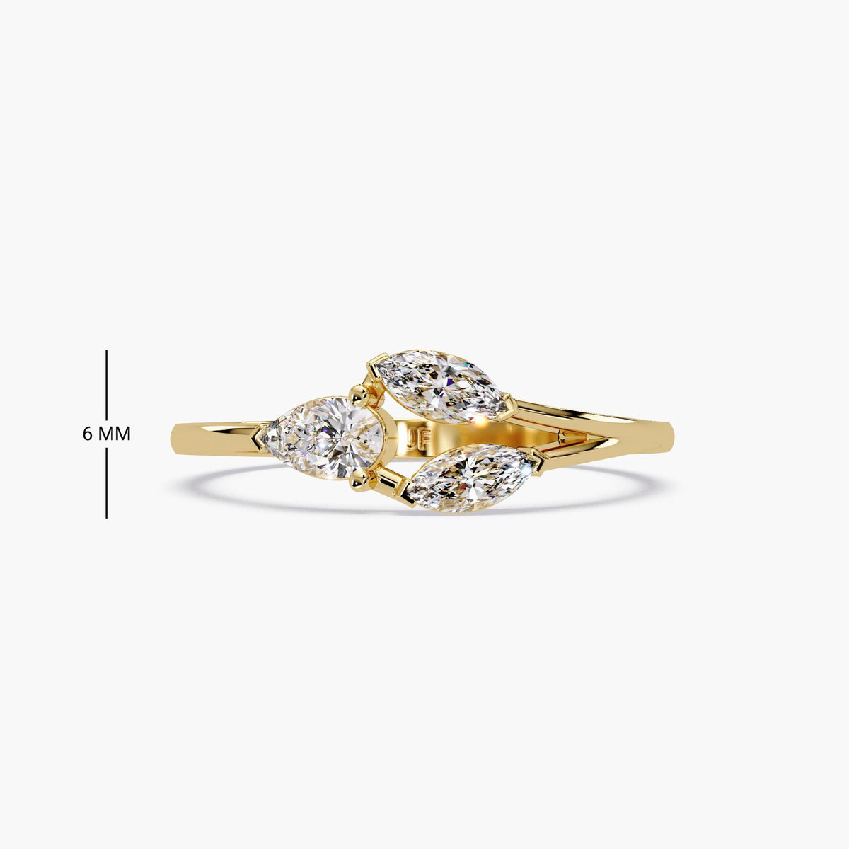 14K yellow gold ring featuring one pear-shaped and two marquise-cut lab-grown diamonds in a floral-inspired bypass design. The diamonds are set in a minimal open layout, with total carat weight of 0.35 ct.
