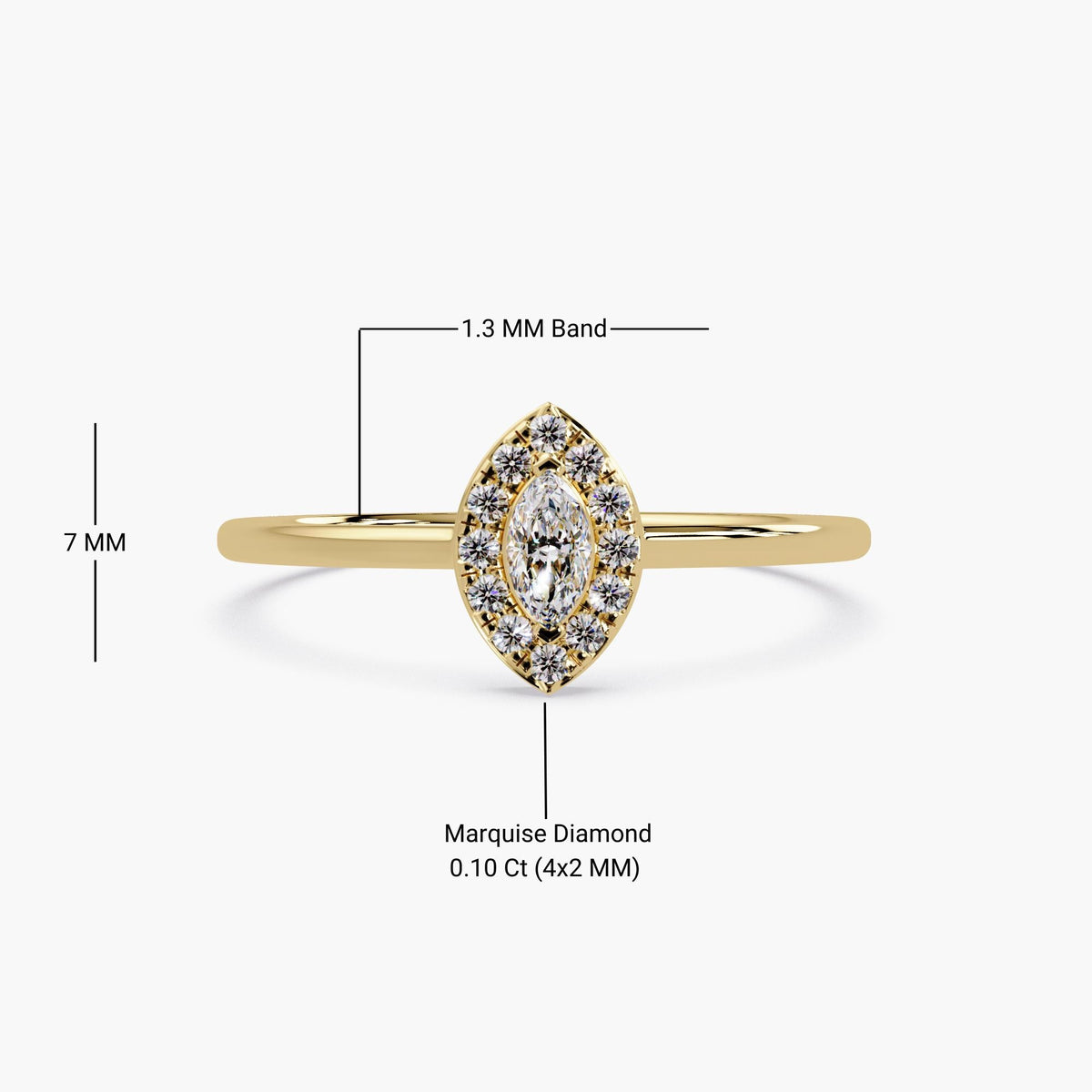 14K gold marquise halo ring with 0.10 ct lab diamond, 7mm navette head, 1.3mm band width, dainty minimalist stacking design