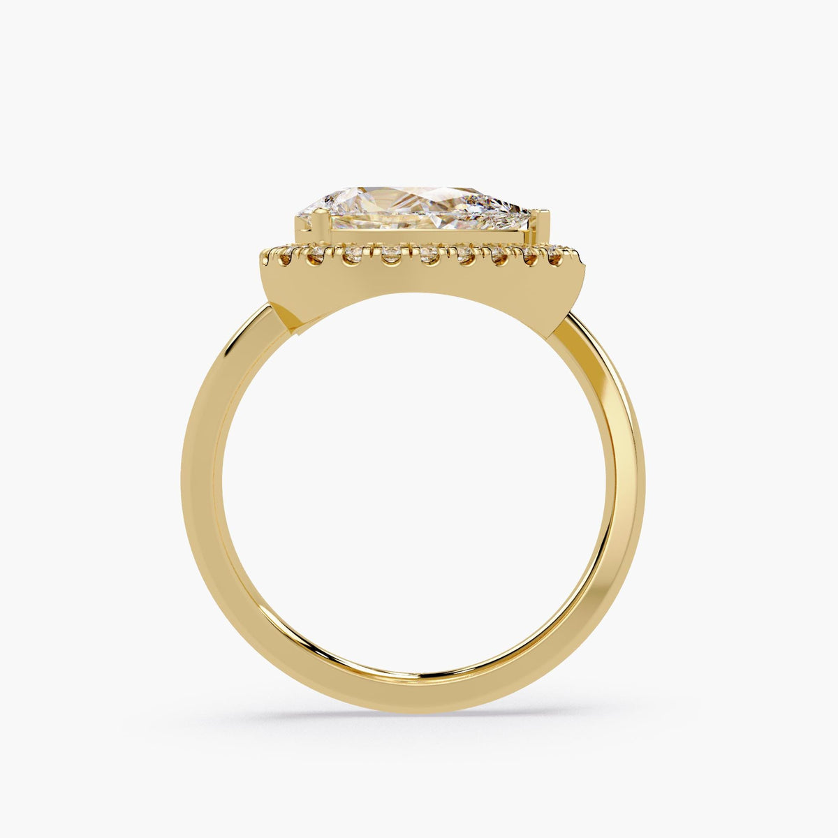 14K yellow gold ring featuring a single IGI-certified pear-shaped lab diamond with pavé halo and prong setting.