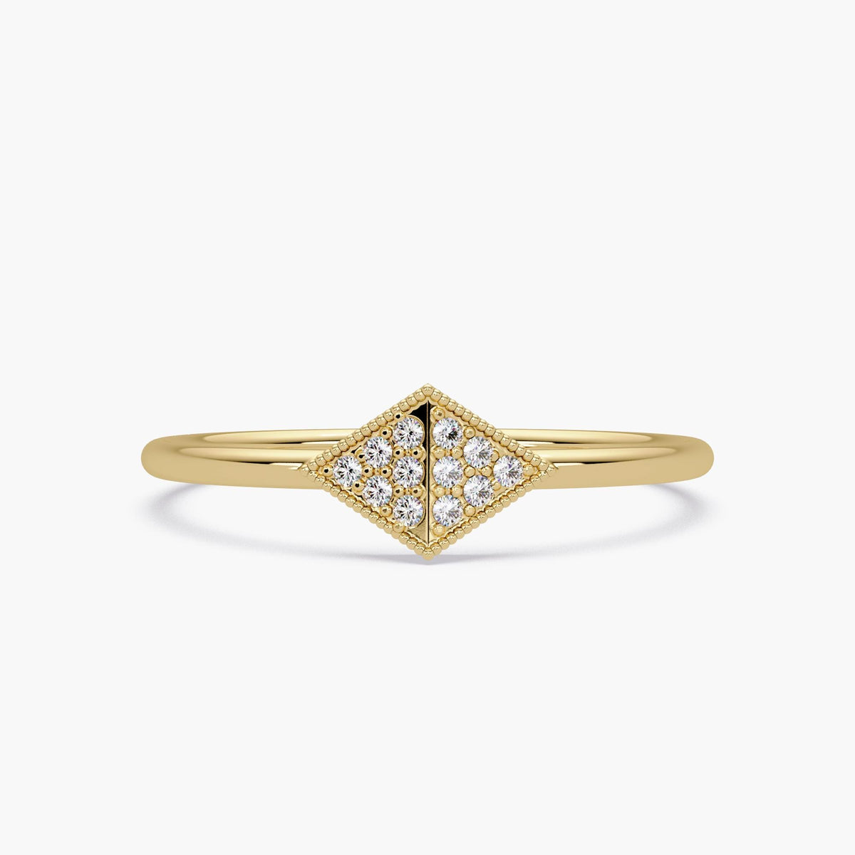 Slim dainty stacking band in solid gold with sparkling pavé diamonds.