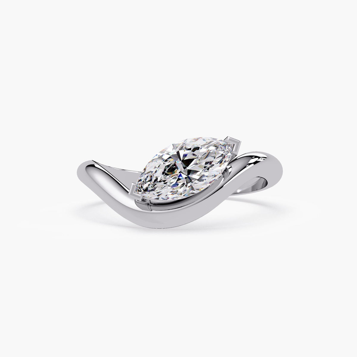 14K white gold ring featuring a 0.75 carat marquise-cut lab grown diamond in a modern bypass setting, showcasing a fluid east-west design with a high-polish finish.