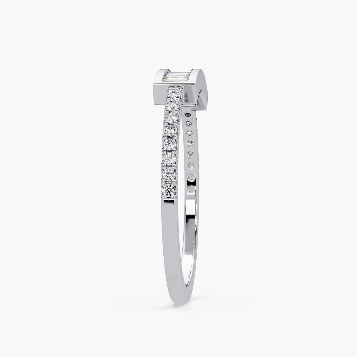 14K white gold diamond ring featuring a slim 1.3mm band with pavé-set round diamonds and a horizontal channel-set baguette diamond bar centerpiece, shown in profile to highlight the architectural structure and clean lines.