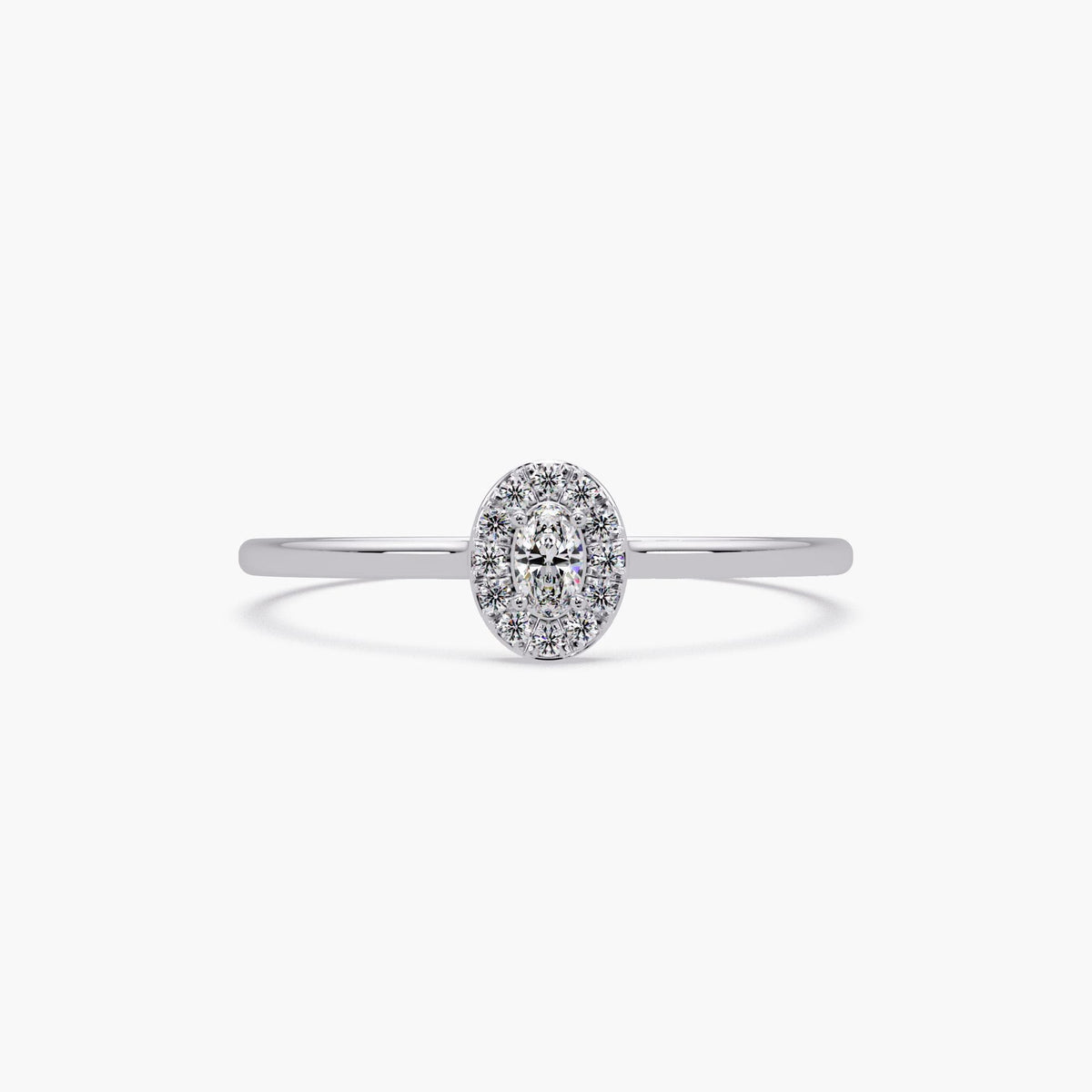 oval halo lab diamond ring in 14K white gold, dainty engagement or promise ring with slim solid gold band