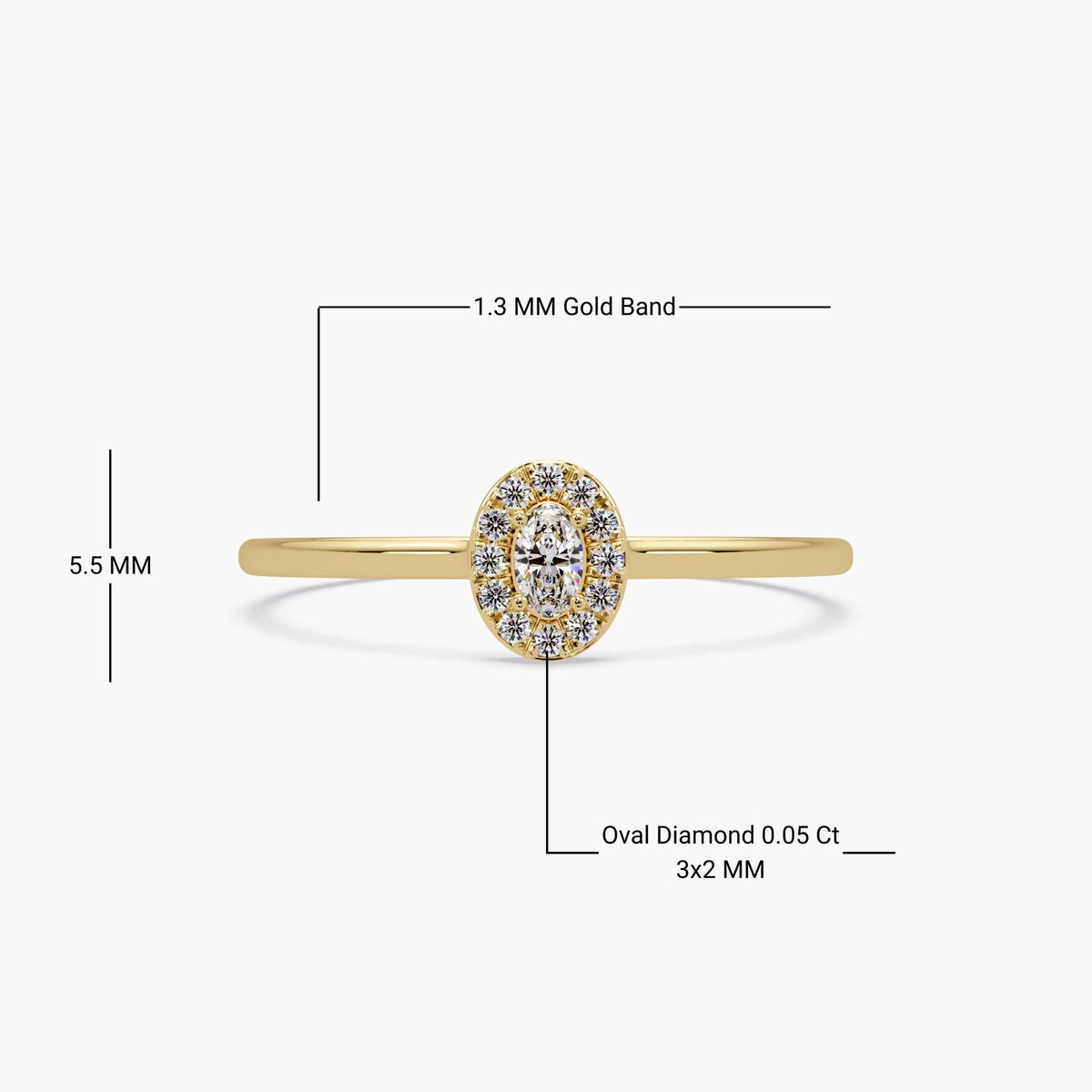 Oval halo lab diamond ring in 14K yellow gold with 0.05 ct center stone, 1.3mm gold band and 5.5mm height