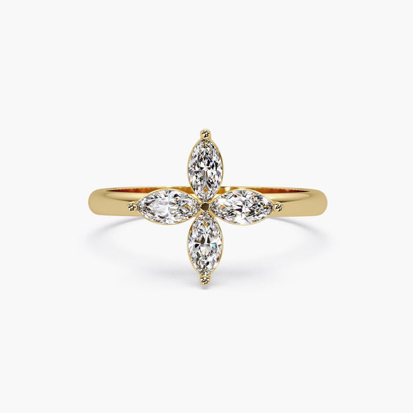 14K gold diamond clover ring with four marquise diamonds in floral cross layout, solid gold band, minimalist engagement gift