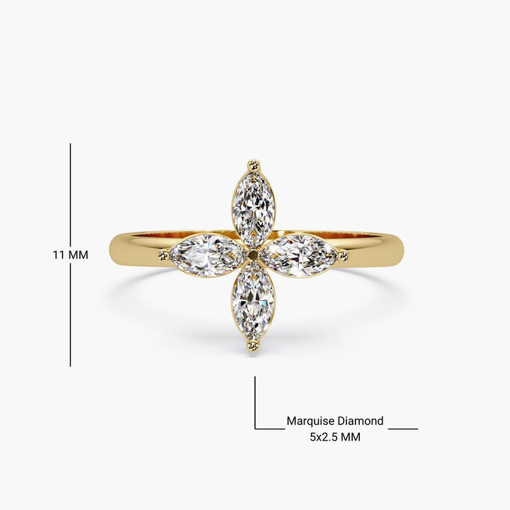 14K gold diamond clover ring with four 5x2.5mm marquise diamonds