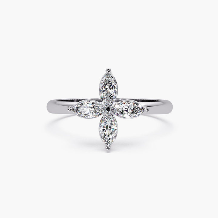 Diamond clover ring in white gold featuring four marquise diamonds in a floral cluster on a polished solid gold band