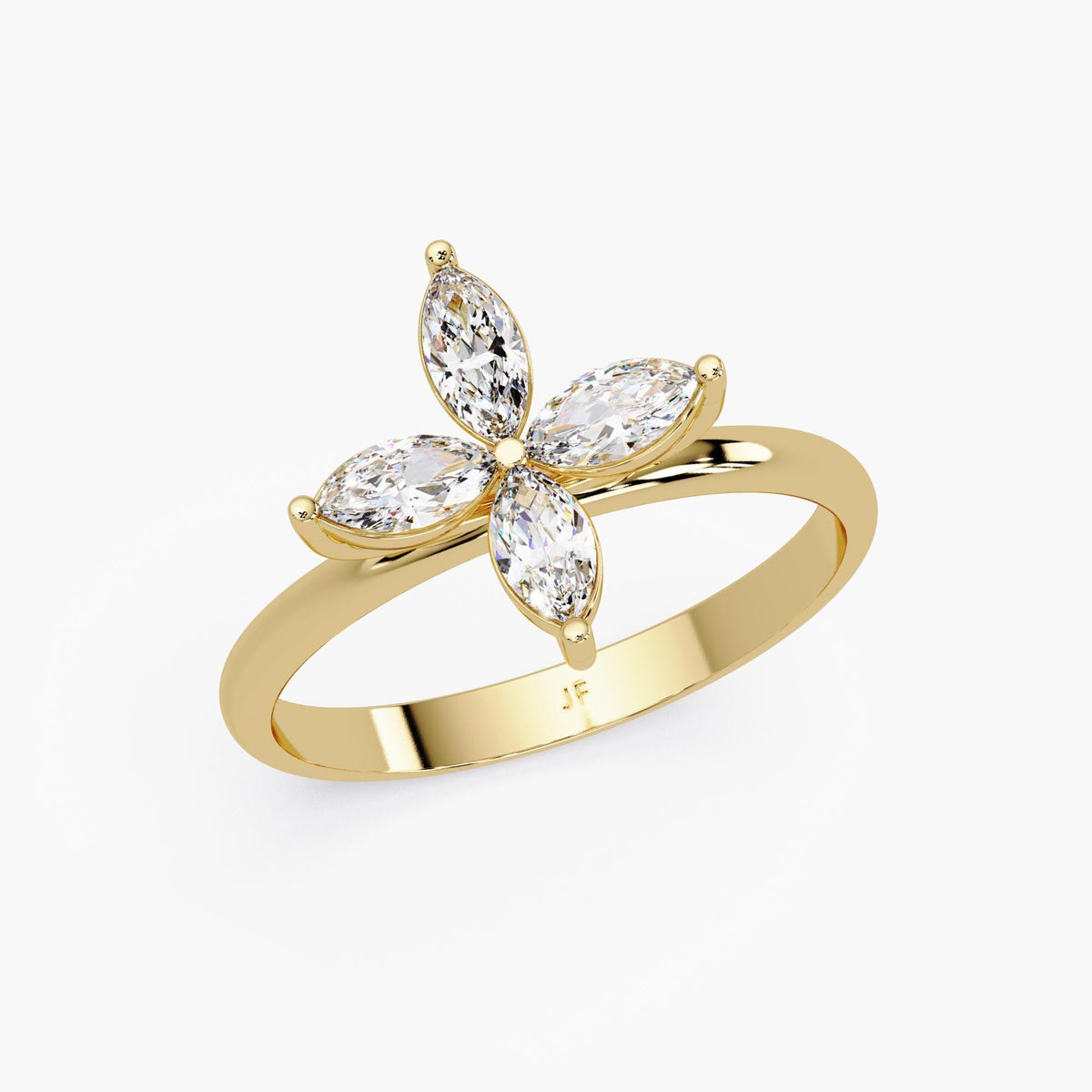 14K yellow gold clover ring with four marquise diamonds in a raised floral cluster, side angle view showing band and setting