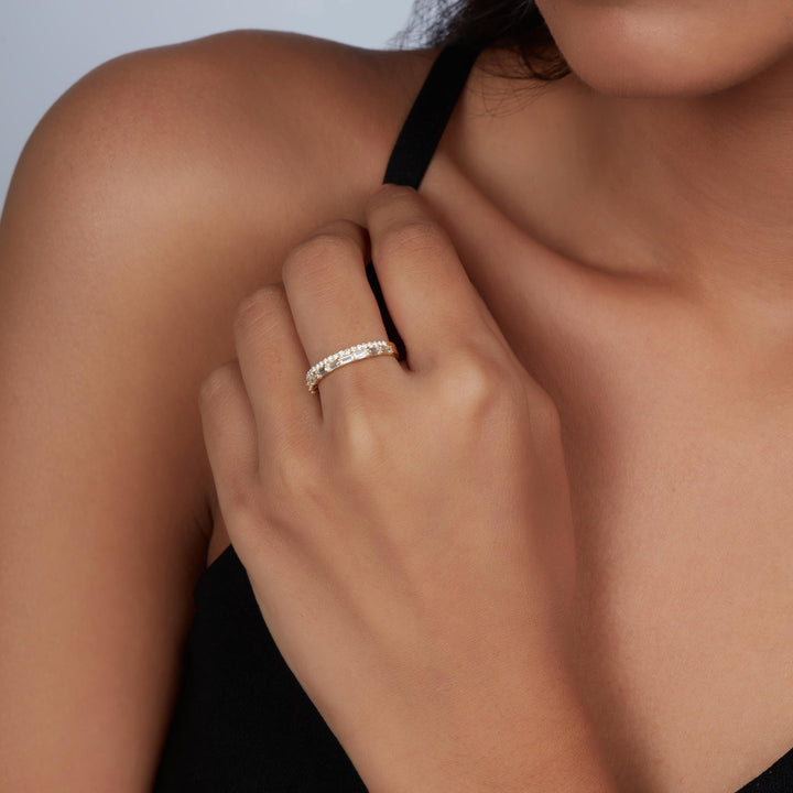 Double Row Diamond Band, Baguette & Round Lab Diamond Ring, 14K Gold Stackable Wedding Band, Half Eternity Ring Gift for Her