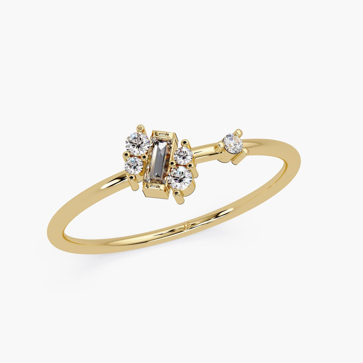 Minimalist dainty stacking ring with mixed cut diamonds in 14k yellow solid gold band