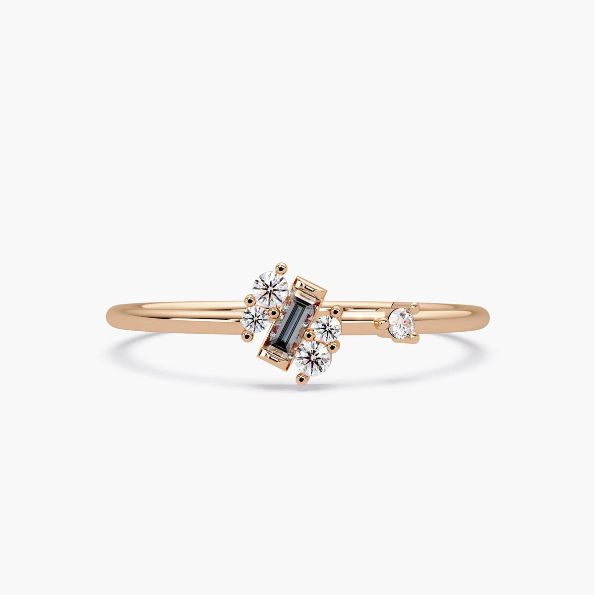 14k rose gold asymmetric cluster ring with baguette and round lab grown diamonds