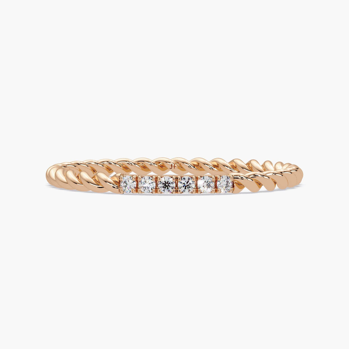 14k rose gold twisted rope diamond ring with six natural diamonds in pavé setting