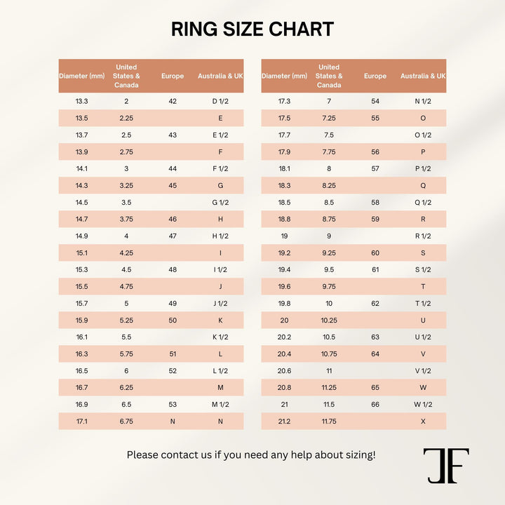 Diamond ring size chart showing sizing guide for dainty gold rings.