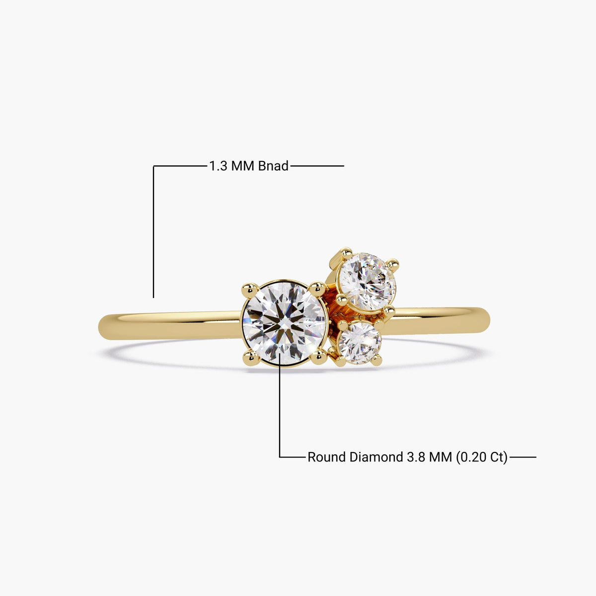 14k gold three-stone lab diamond ring with size annotations showing 1.3mm band width and 3.8mm center diamond (0.20 ct), cluster prong setting