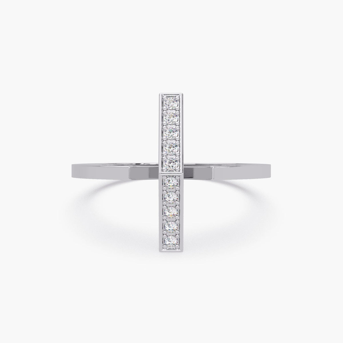 Rose gold diamond bar ring with vertical pavé setting.