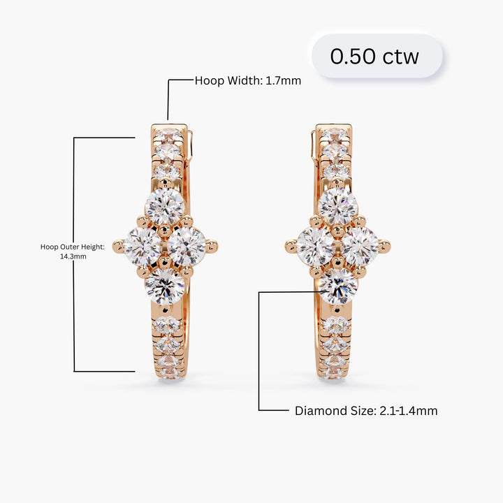 14K rose gold hoop earrings on a white background, featuring a floral or clover-shaped cluster of lab-grown diamonds at the front.