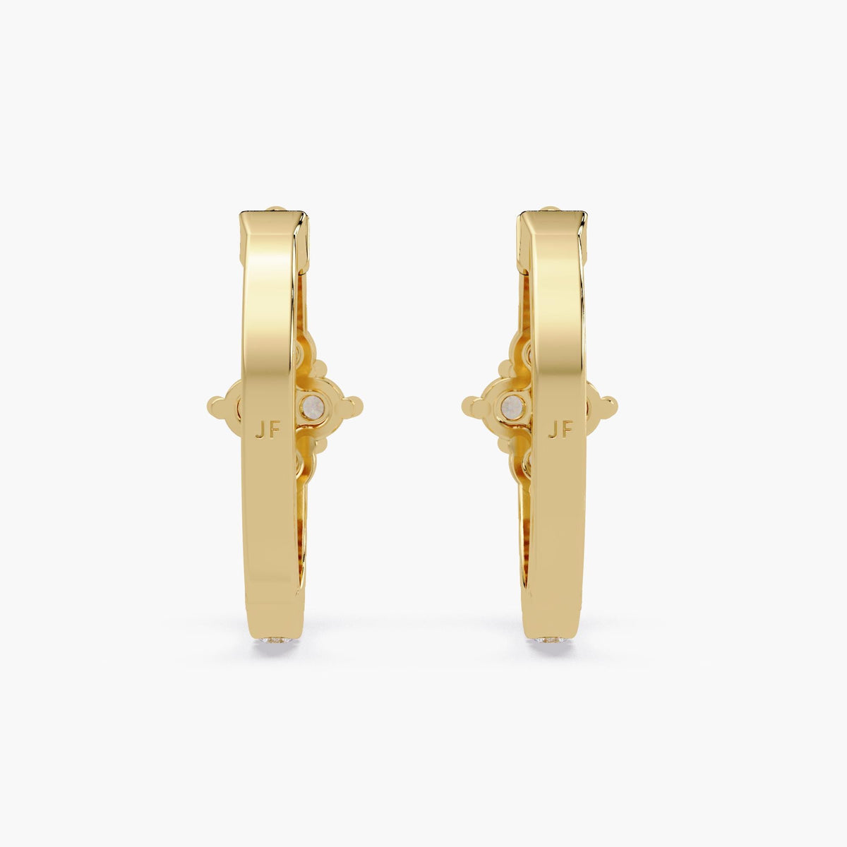 14K yellow gold hoop earrings on a white background, featuring a floral or clover-shaped cluster of lab-grown diamonds at the front.