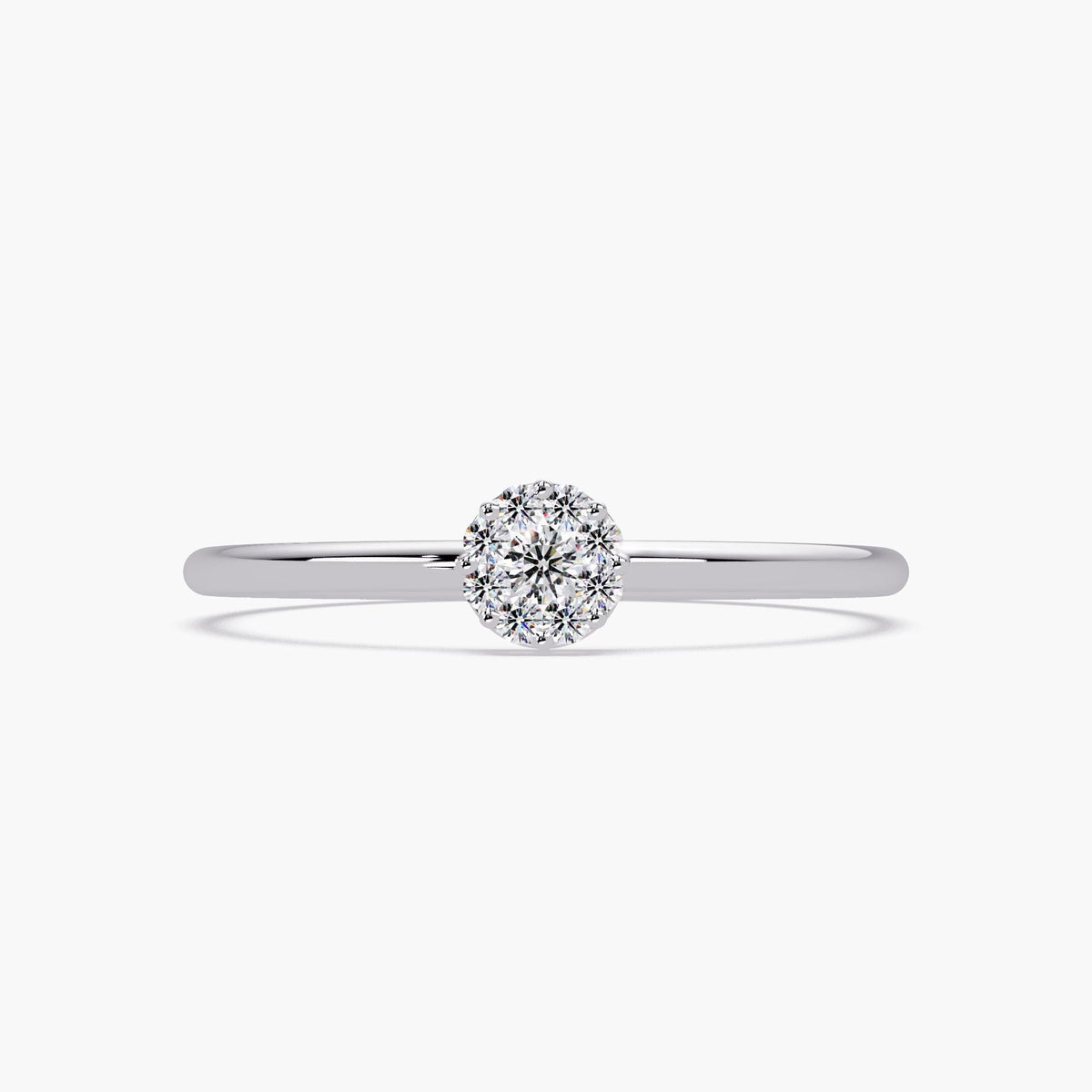 A delicate engagement ring featuring nine natural diamonds arranged in a sparkling cluster.