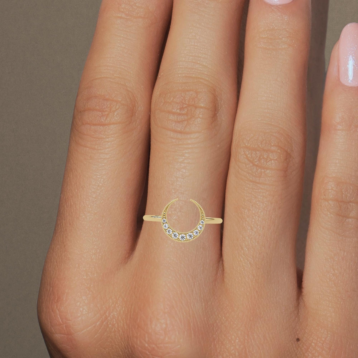 14K Gold Diamond Crescent Moon Ring: Celestial Statement Band