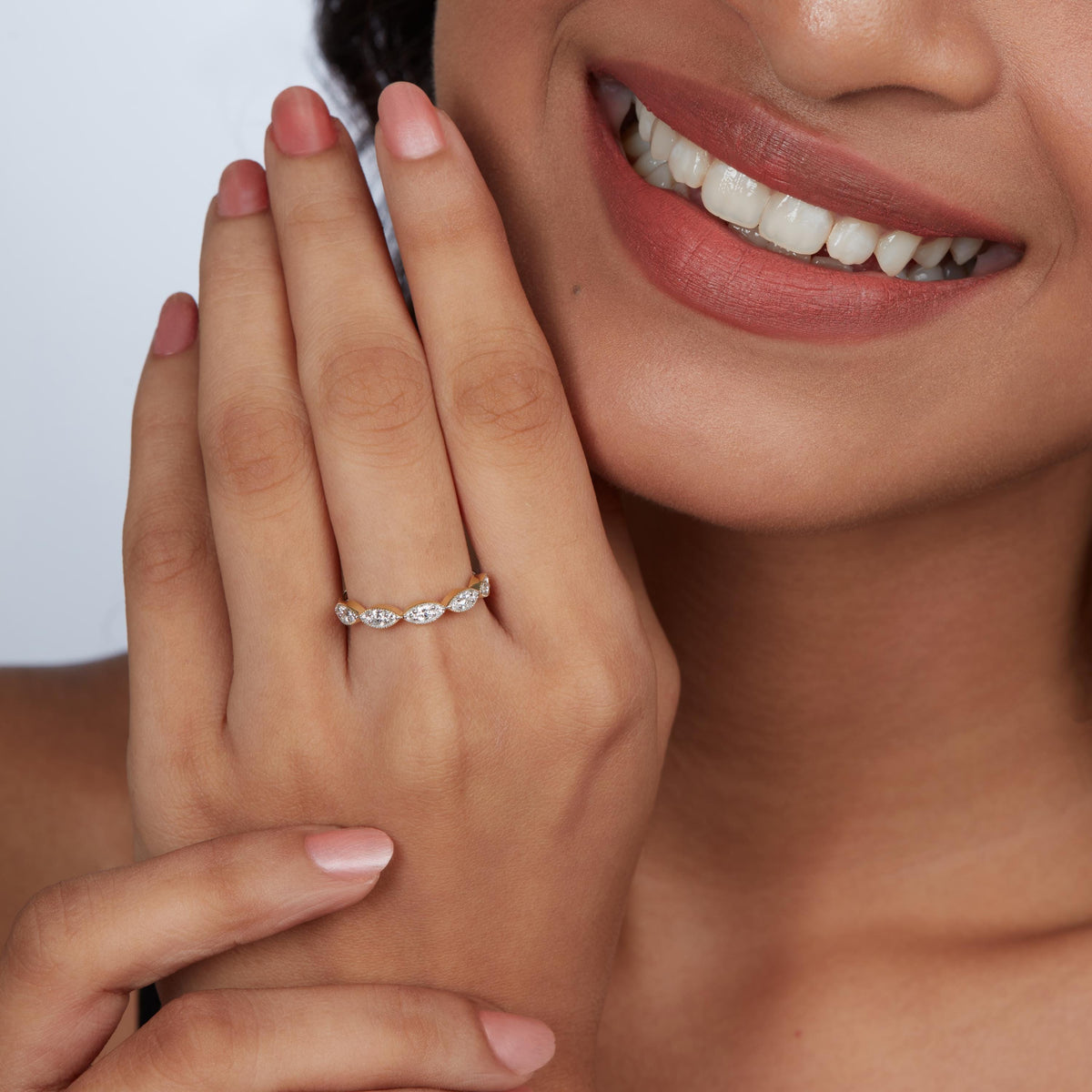 Scallop Diamond Ring, Art Deco Milgrain Band, 14k Gold Half Eternity Ring, Unique Diamond Ring, Anniversary Gift for Her