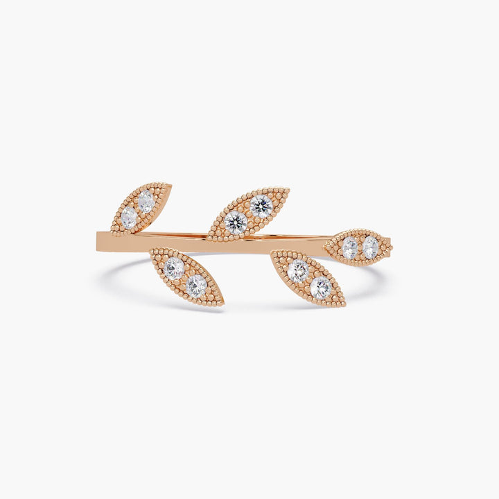 Rose gold nature inspired leaf ring with diamonds in pave leaf settings