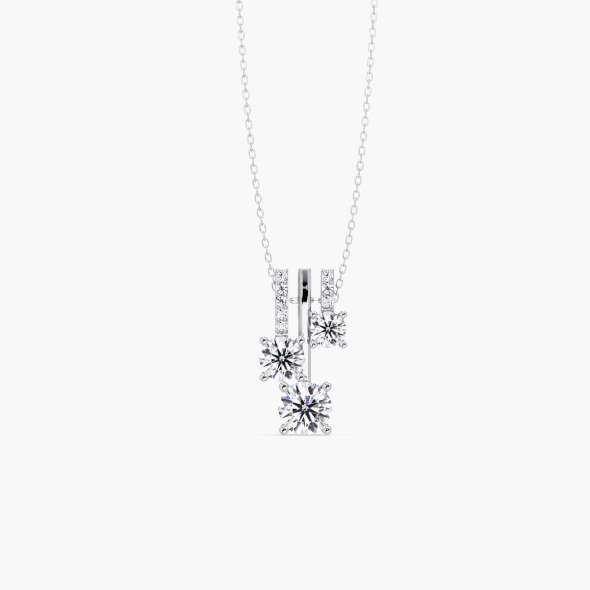 14K white gold lab diamond pendant necklace with trio round brilliant cluster drop and pavé accents