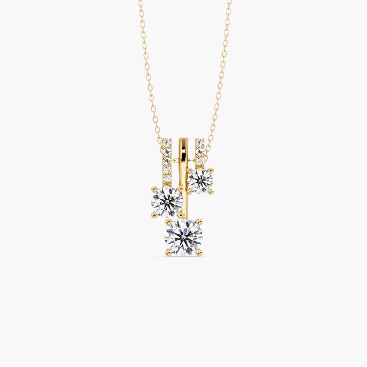 14K gold lab diamond pendant necklace with three round brilliant diamonds in a cluster drop design on a fine gold chain