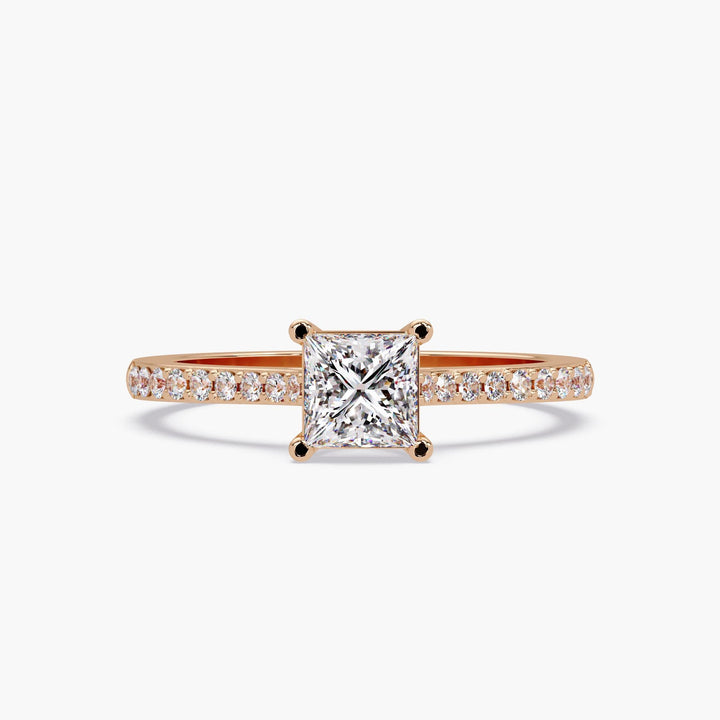 0.50 Ct Lab Grown Diamond Princess Cut Ring | 14K Gold Pave Solitaire Engagement Ring | Minimalist Bridal Jewelry