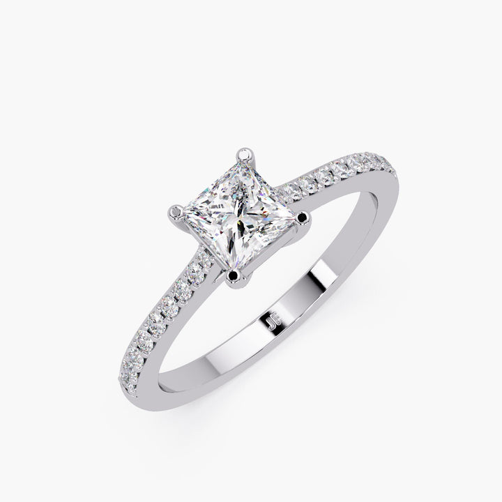 0.50 Ct Lab Grown Diamond Princess Cut Ring | 14K Gold Pave Solitaire Engagement Ring | Minimalist Bridal Jewelry