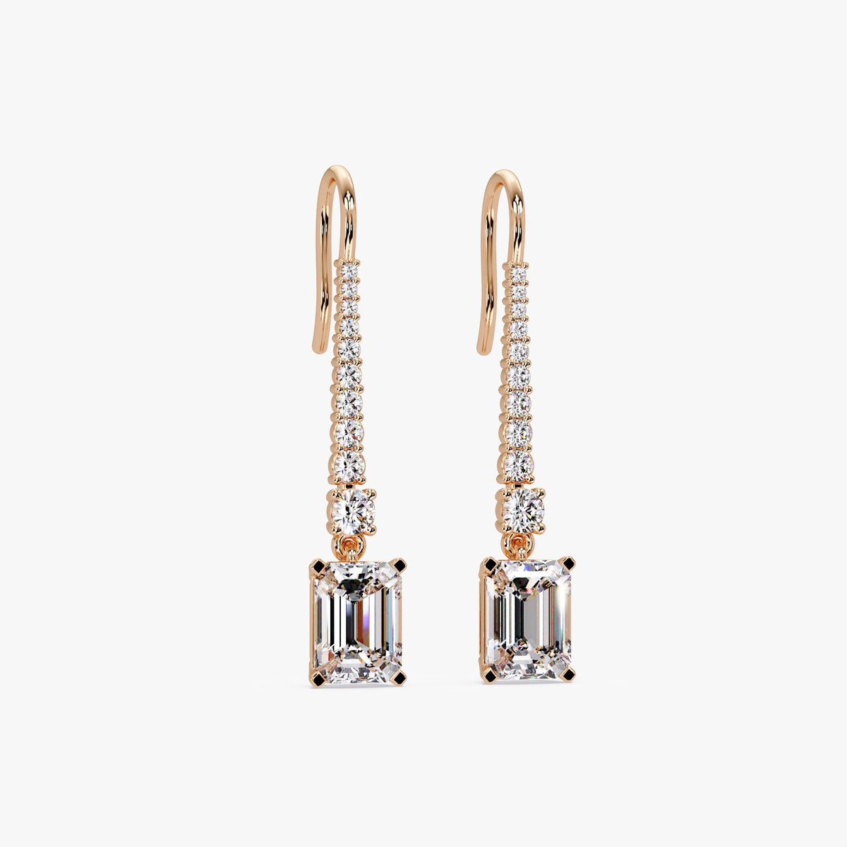 14K yellow rose emerald cut lab diamond drop earrings with pavé round diamond accents, 35mm long statement dangle design