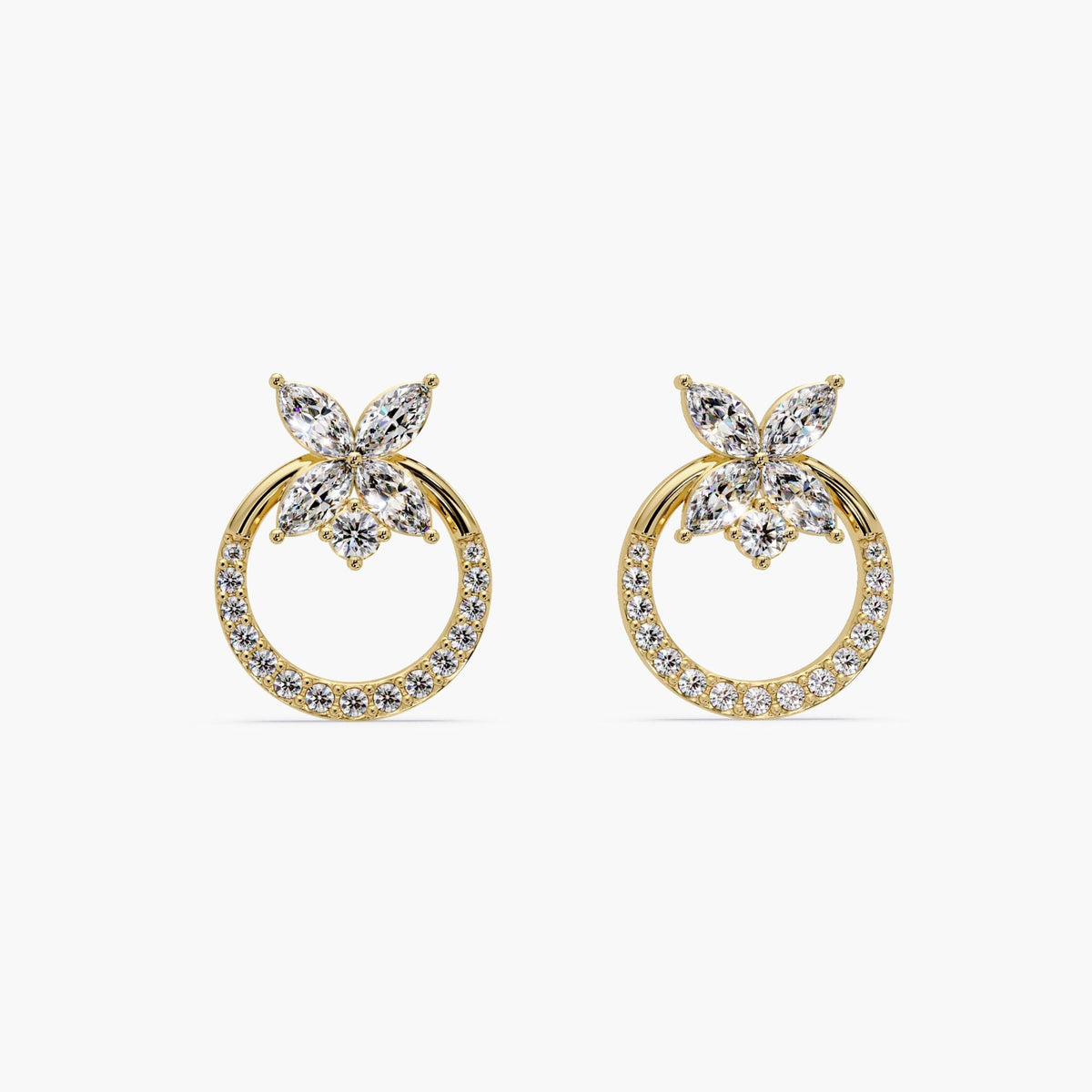 14k gold floral circle earrings with lab grown diamonds, marquise cluster stud hoops