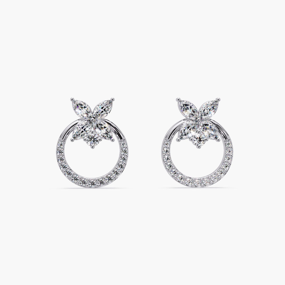 Sustainable diamond circle earrings in white gold with floral marquise design