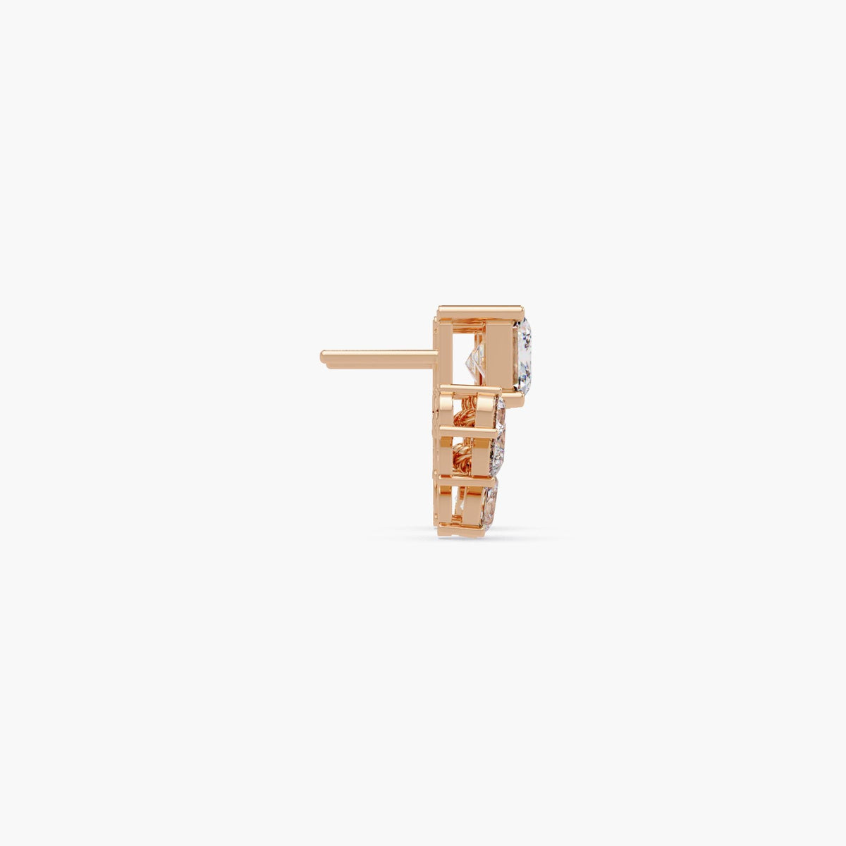 Modern emerald cut diamond earrings in rose gold, lab grown jewelry