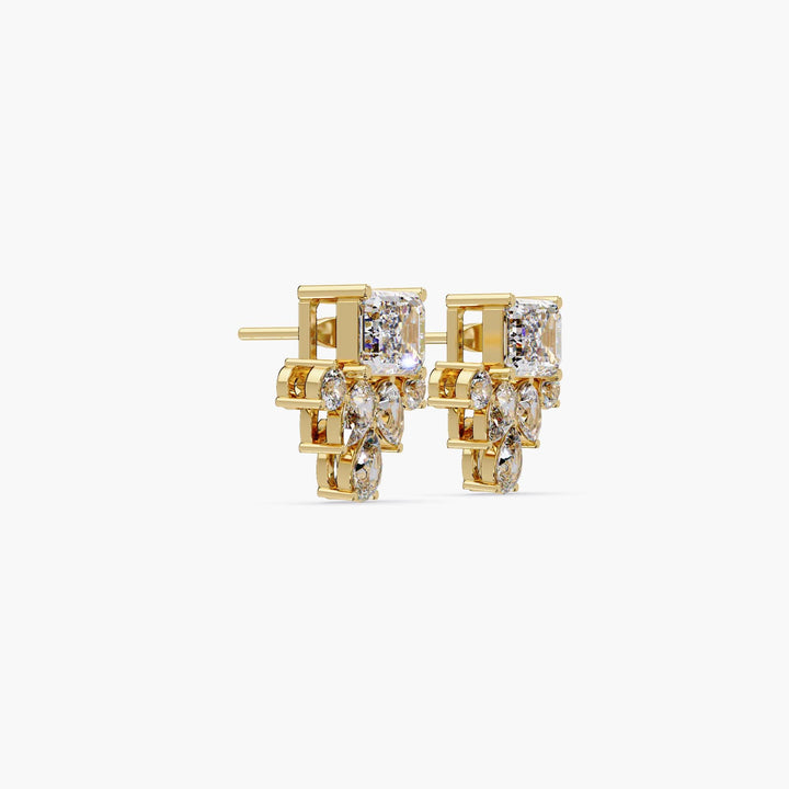 Lab diamond statement earrings, emerald and round diamond cluster design
