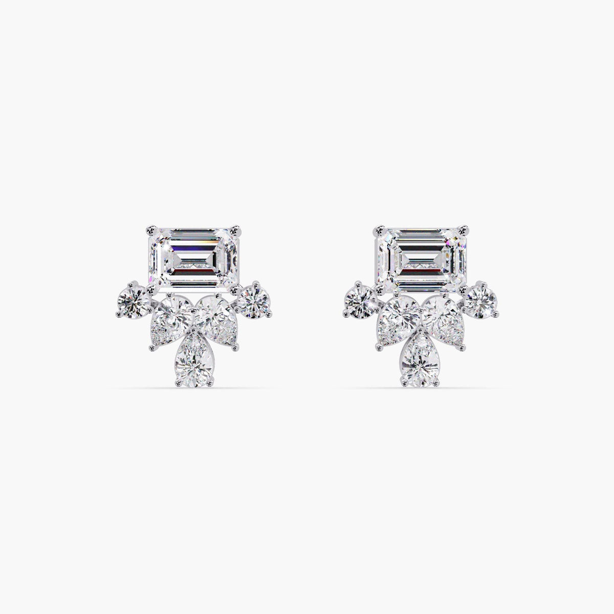 Sustainable lab diamond earrings, emerald and round cut cluster studs