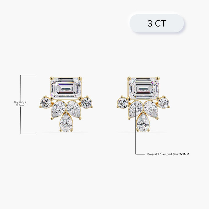 Scale illustration of gold diamond stud earrings.