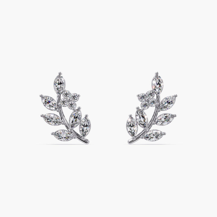14k  white gold diamond leaf stud earrings with marquise lab grown diamonds arranged in a laurel leaf design.