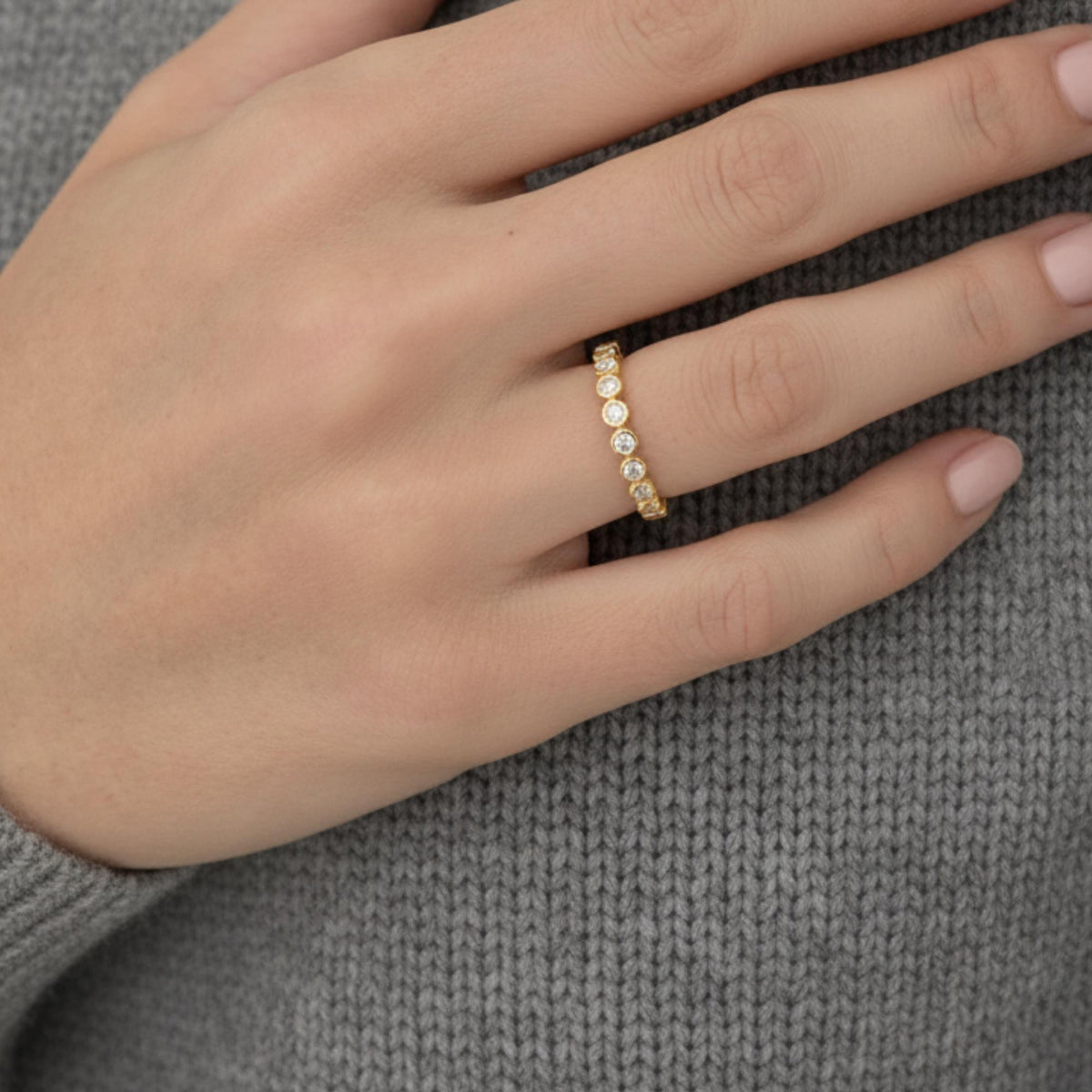 14K Gold Bezel Set Lab Diamond Eternity Band with Round Diamonds