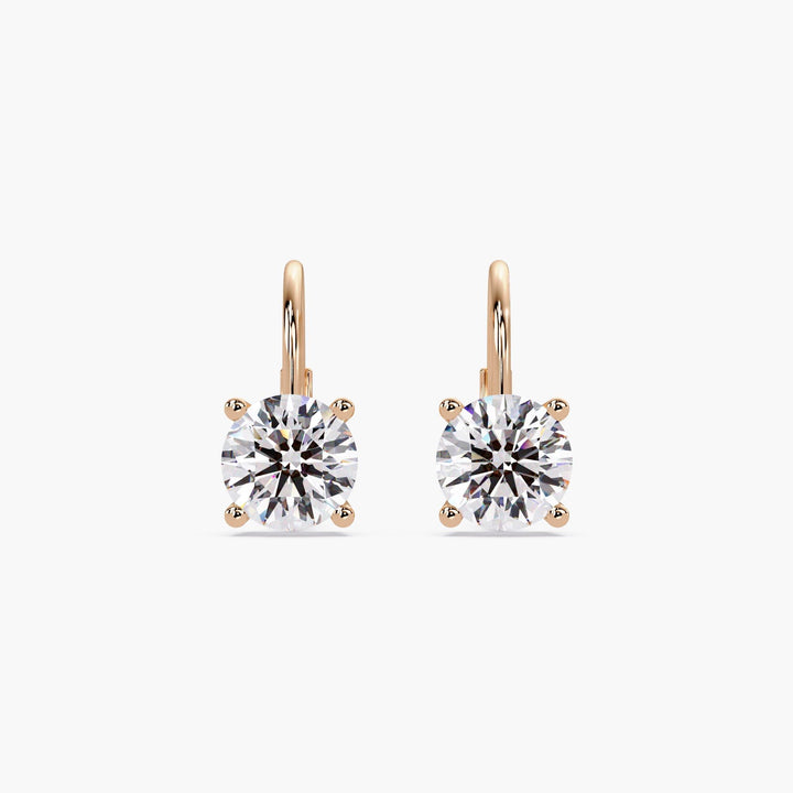 14K Rose Gold Leverback Diamond Earrings, Prong Set Round Lab Diamond Drops