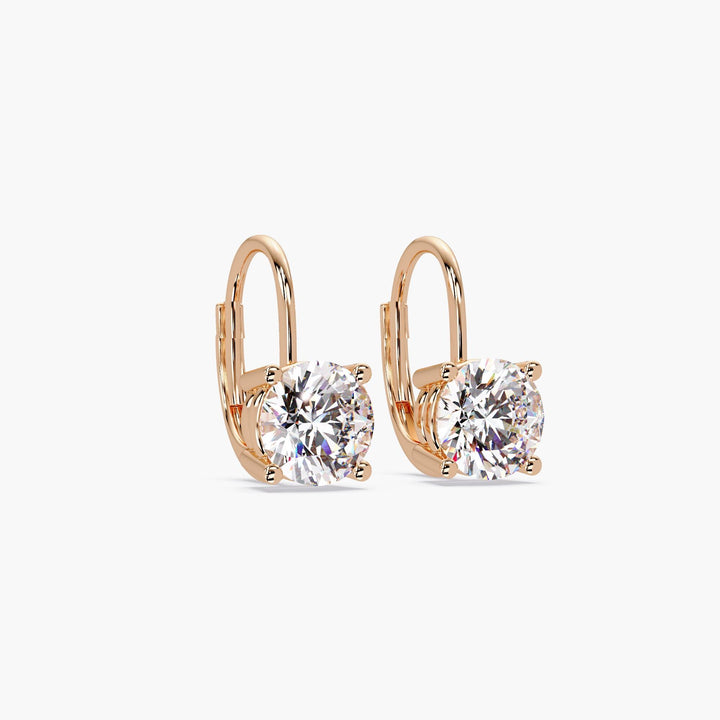 Rose Gold Leverback Drop Earrings with Prong Setting, Lab Grown Round Diamonds