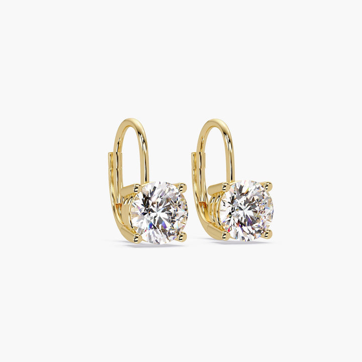 Yellow Gold Leverback Diamond Drop Earrings with Prong Setting, Round Lab Grown Diamonds