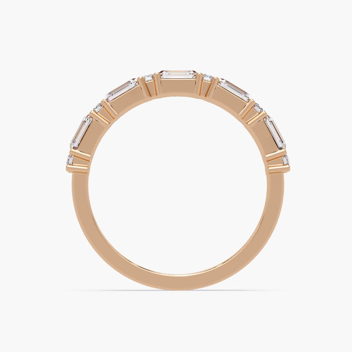 14K rose gold lab-grown diamond ring featuring alternating emerald and baguette cut diamonds, perfect as a modern wedding band or stacking anniversary ring.