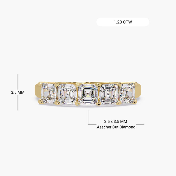 Detailed view of 14K yellow gold Asscher cut lab-grown diamond ring—five 3.5 mm stones, 1.20 ctw total—crafted as a wedding or stacking band.