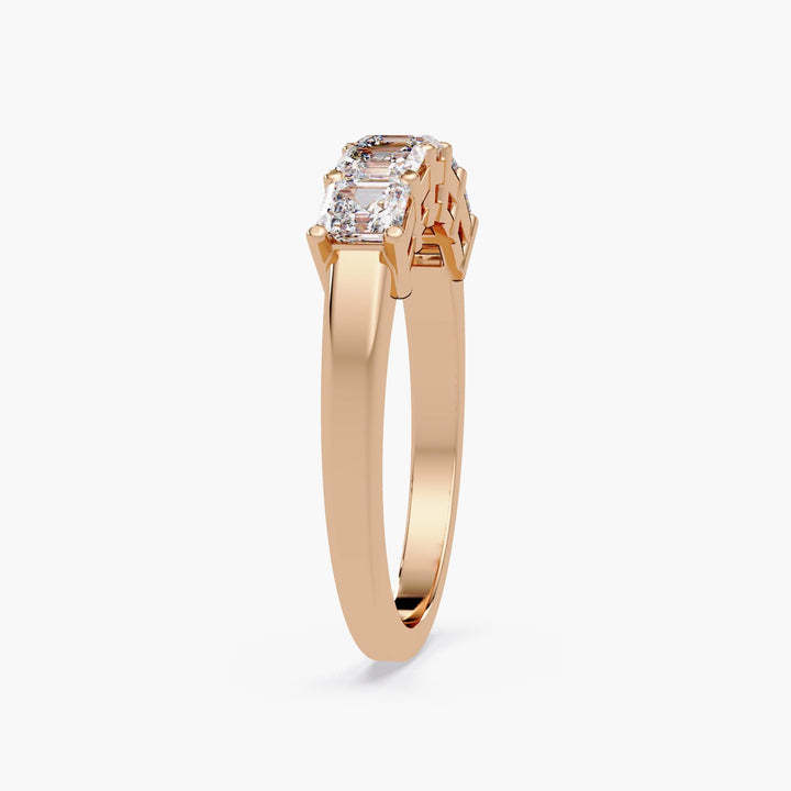 14K rose gold Asscher cut lab-grown diamond band, featuring five sparkling stones—romantic anniversary or wedding ring.