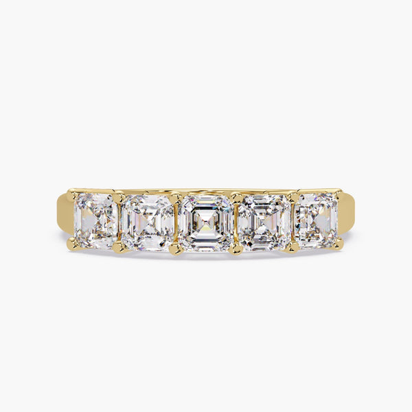 14K yellow gold Asscher cut lab-grown diamond band featuring five 3.5 mm stones in prong setting, designed as an elegant wedding or anniversary ring.