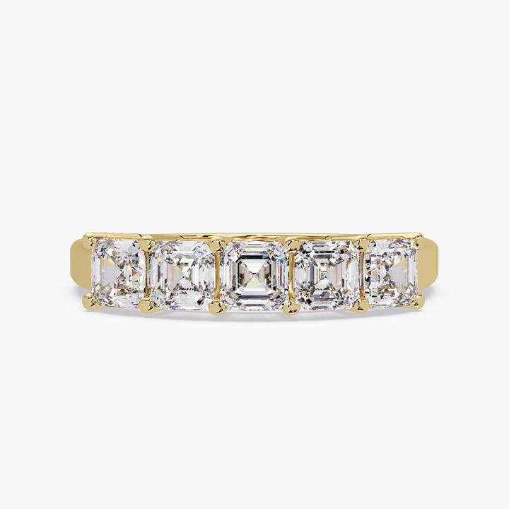 14K yellow gold Asscher cut lab-grown diamond band featuring five 3.5 mm stones in prong setting, designed as an elegant wedding or anniversary ring.