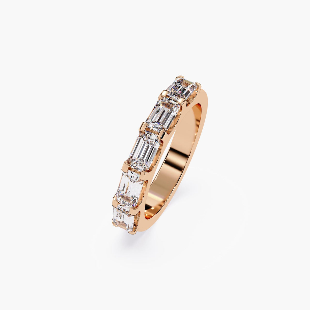 five stone emerald cut lab diamond band in 14K rose gold, 1.5 carat total weight, prong setting anniversary or wedding ring.